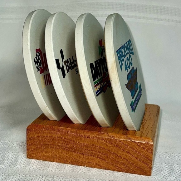 NASCAR Brickyard 400 August 1995 Stoneware Coasters Set of 4 Oak Rack EUC - Picture 2 of 8
